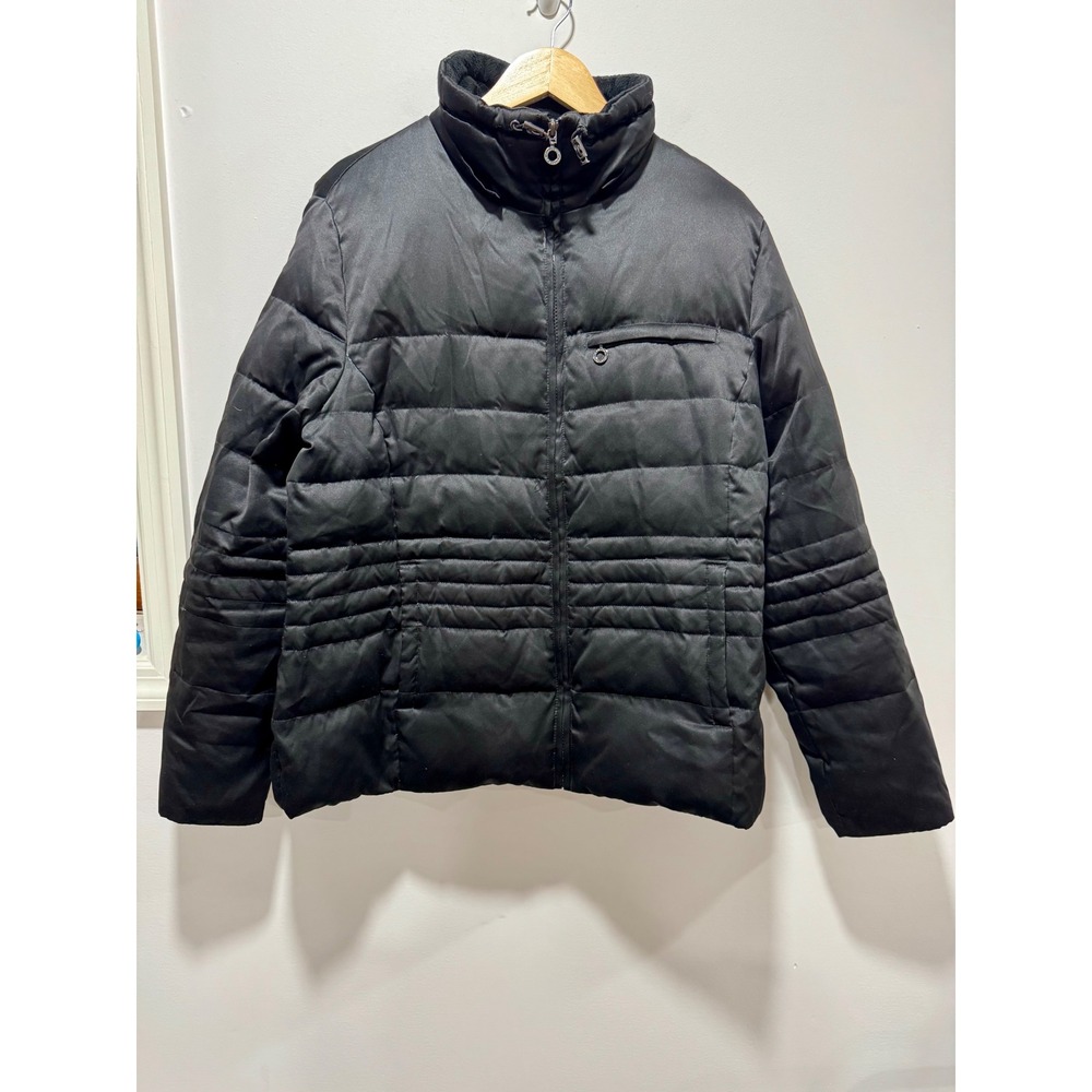 DKNY Mens Black Puffer Jacket Down Feather Fill Fleece Collar Coat XL